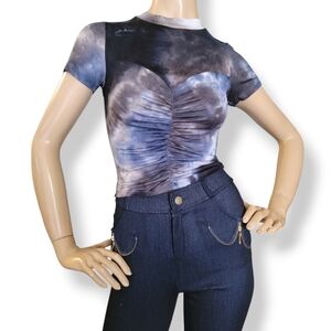 Beware Blue, Black & Gray Ruched Tie Dye High Collar Fitted Top Size Small